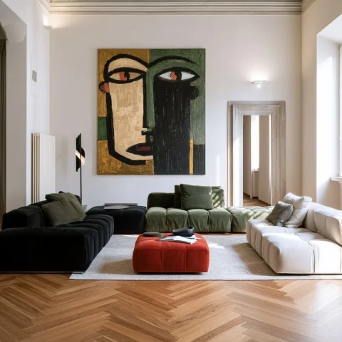 Modern Villa Environment — Nano Banana 2 AI Prompt: villa masseriamodern minimal environment parquet sofas black green red Sugar pap...