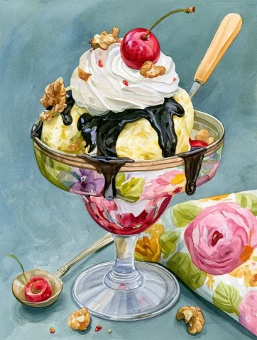 Hot Fudge Sundae — Nano Banana 2 AI Prompt: an upclose image of a hot fudge sundae, the sundae is in a vintage glass sundae...