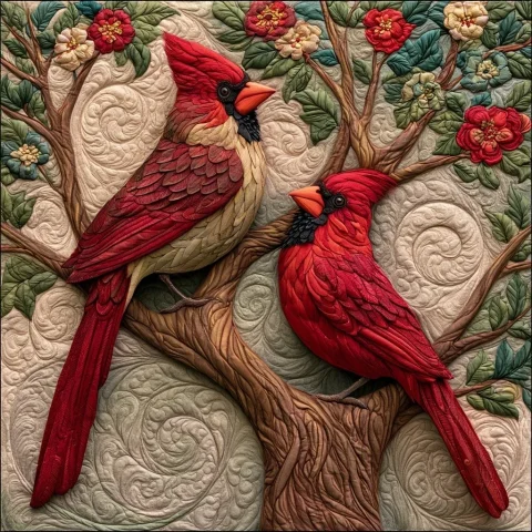 Three-Dimensional Tree Art — Nano Banana 2 AI Prompt: 1:1, three-dimensional tree quilt art cardinal bird duo, embossed layered scarle...