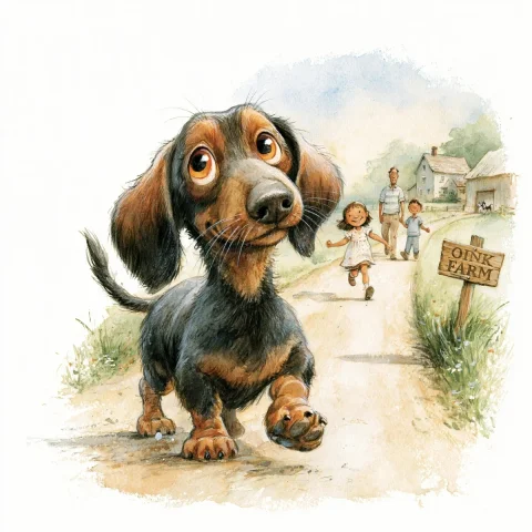 Puppy's Farm Adventure — Nano Banana 2 AI Prompt: Same Frank character as approved reference sheet. Young dachshund puppy: short n...