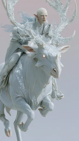 White Model Riding Deer — Nano Banana 2 AI Prompt: A pale-skinned, snow-white supper model rides a deer. The creature is agile and...