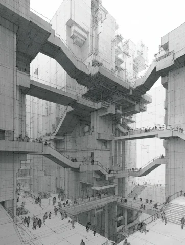 Architecture Sketch — Midjourney v6 AI Prompt: architecture sketch of interior view of a 5 story autrium within a concrete stru...