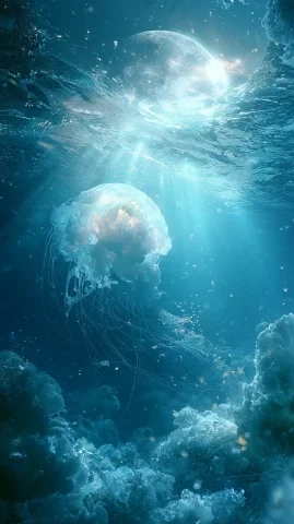 Deep Ocean Night Scene — Nano Banana 2 AI Prompt: deep ocean under full moon at night, silver moonlight piercing through cool blue...