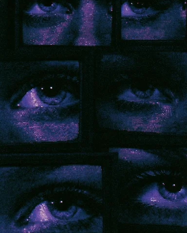 Pixelated Wave Background — Nano Banana 2 AI Prompt: pixelated dark vapor wave aesthetic eyes pattern background, old tv look, purple...