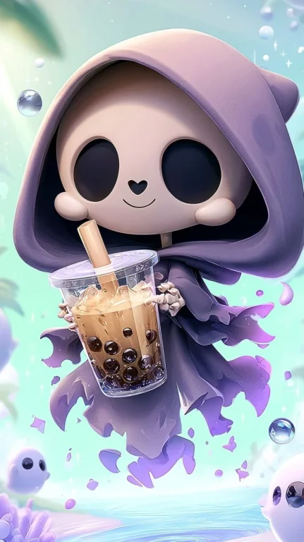 Chibi Grim Reaper Sipping Bubble Tea