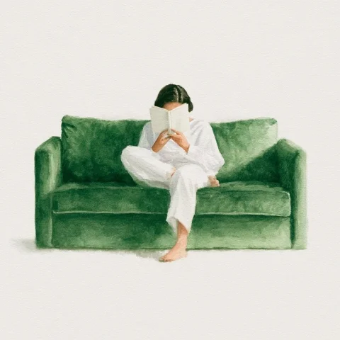 Cozy Sofa Moment — Nano Banana 2 AI Prompt: Create a water color painting of Minimalist fine-art illustration of a woman cur...