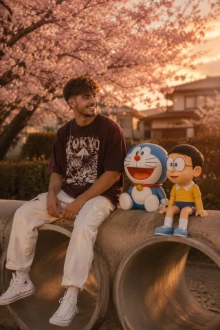 Japanese School Playground Realistic Photography — Nano Banana 2 AI Prompt: Hyper-realistic 8K photography, 4:6. Young man, sitting on concrete cylinder tub...