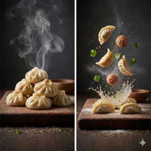 Cinematic Steamed Momo Photography — Nano Banana 2 AI Prompt: Cinematic food photography of freshly steamed momos (dumplings) stacked on a rus...