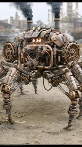 Midjourney Top Day #33 — Midjourney v6 AI Prompt: colossal dieselpunk spider, body built around a massive Soviet locomotive diesel...