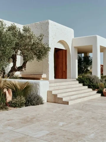 Midjourney Top Day #24 — Midjourney v6 AI Prompt: Luxury contemporary Mediterranean villa courtyard, Mallorca/Ibiza architectural...