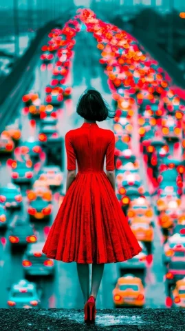 Midjourney Top Day #23 — Midjourney v6 AI Prompt: use this picture and the girl in this photo turn her back, let the traffic start...