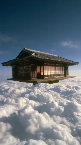 Midjourney Top Day #15 — Midjourney v6 AI Prompt: Photographic image of a traditional Japanese wooden house floating above a vast...