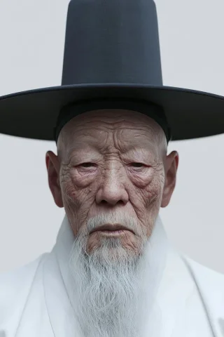 Midjourney Top Day #12 — Midjourney v6 AI Prompt: Front eye level view. An old Korean elder wears a white Hanbok, and wearing a Ko...