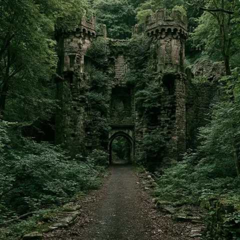 Midjourney Top Concept Art #50 — Midjourney v6 AI Prompt: Nestled deep within a lush, green forest lies an ancient castle GATE ruin, a for...