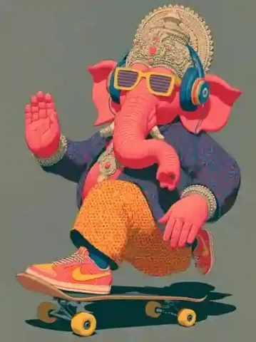 Midjourney Top Illustration #49 — Midjourney v6 AI Prompt: Design of Lord Ganesha wearing sunglasses and headphones, full body image, skate...
