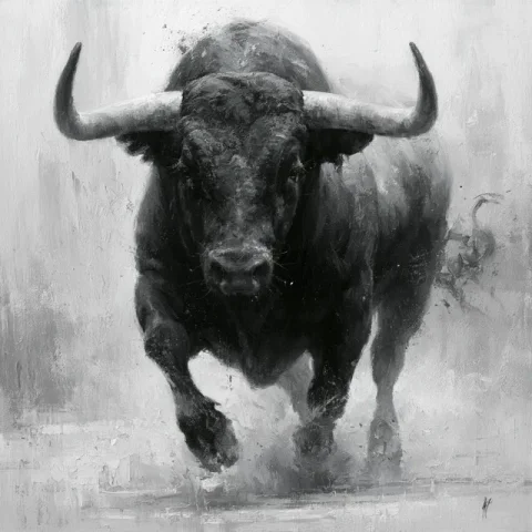 Midjourney Top Illustration #40 — Midjourney v6 AI Prompt: black bull, beautiful, dynamic, realistic, monochrome, light background, oil pai...