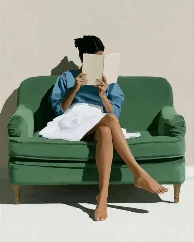 Midjourney Top Illustration #39 — Midjourney v6 AI Prompt: Minimalist fine-art illustration of a woman curled comfortably on a green velvet...