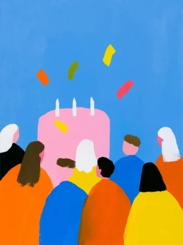 Midjourney Top Product Visual #31 — Midjourney v6 AI Prompt: A Birthday cake with candles and confetti that is surrounded by people --ar 3:4...