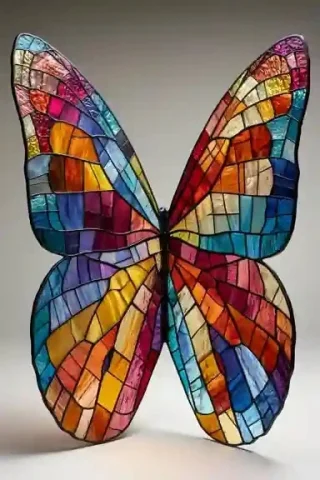 Midjourney Top Concept Art #28 — Midjourney v6 AI Prompt: giant stained glass butterfly wings spread open symmetrically, vivid rainbow gla...