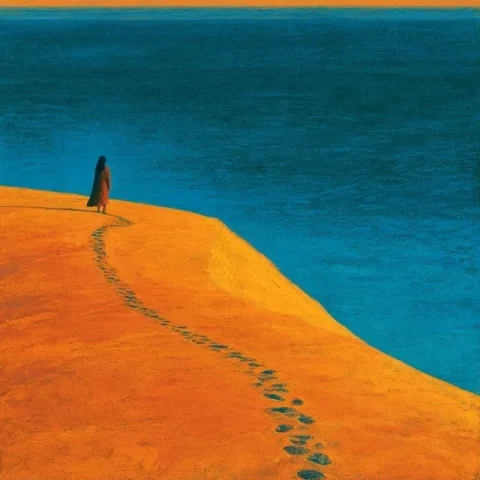 Midjourney Top Illustration #25 — Midjourney v6 AI Prompt: A powerfully symbolic scene inspired by a desert girl's journey to see the ocean...