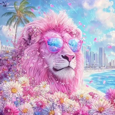 Pink Lion in Bloom — Midjourney v6 AI Prompt: A pink lion wearing sunglasses, surrounded by flowers, with a beach and city in...