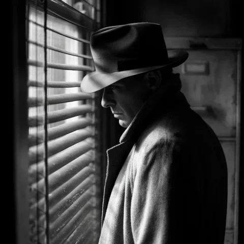 Midjourney Top Concept Art #14 — Midjourney v6 AI Prompt: photorealistic monochrome 1940s private detective wearing trenchcoat and wide-br...