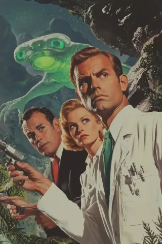 Pulp Sci-Fi Encounter Illustration — Midjourney v6 AI Prompt: an illustration in the style of the cover of a pulp schlocky science fiction boo...