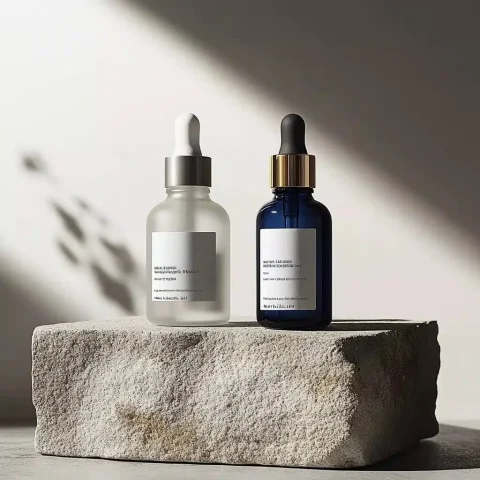 Realistic Skincare Serum Display — Midjourney v6 AI Prompt: A high-quality, realistic product shot featuring two skincare serum bottles with...