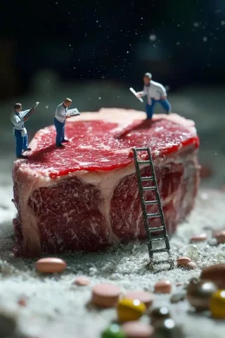 Hyper-Realistic Scientists Examining Steak — Midjourney v6 AI Prompt: Tiny scientists and nutritionists are exploring a giant sliced piece of nice ste...