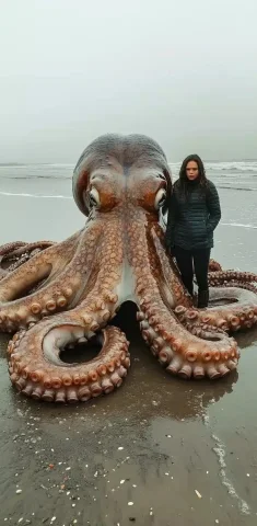 Hyper-Realistic Beach Octopus — Midjourney v6 AI Prompt: Giant octopus found on beach, with a person posing next to it, hyper-realistic,...