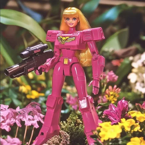 Barbie Robot in Garden — Midjourney v6 AI Prompt: pink colored Barbie fancy doll-shaped battle robot with guns and canons, Bandai...