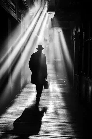 Armitage Funk Man in Alley — Midjourney v6 AI Prompt: A man in the style of Armitage Funk strolls along an alleyway, his shadow stretc...