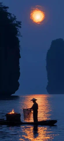 Twilight Li River Scene — Midjourney v6 AI Prompt: In the twilight of the Li River, the mist dances in the evening breeze and the f...
