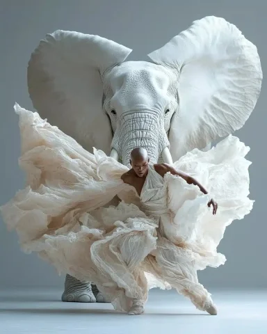Elephant Dancer in Motion — Midjourney v6 AI Prompt: A photograph of an elephant and a dancer in motion in the sand dunes, in the sty...