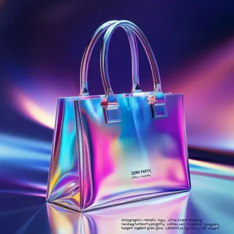 Iridescent Logo for Handbags — Midjourney v6 AI Prompt: "Holographic prism metallic logo, SEMI PARTY, ultra-luxury handbag branding, iri...