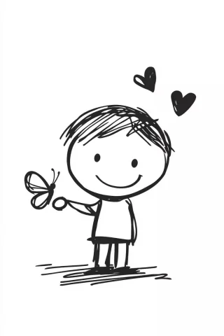 Minimalist Cartoon Boy with Butterfly — Midjourney v6 AI Prompt: white simple drawing of cute cartoon boy, a butterfly sits on his hand, simple l...