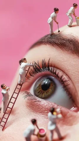Miniature Artists on Giant Face — Midjourney v6 AI Prompt: Create a Real Eye of a Model Face - A real photo of numerous tiny people, remini...