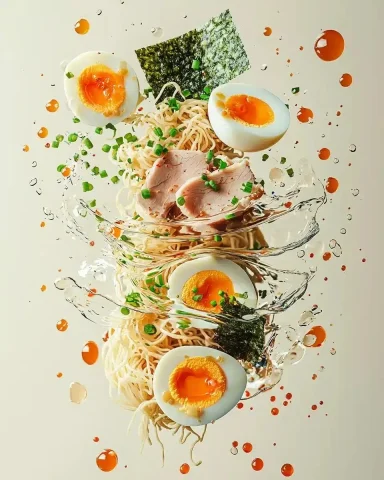 Surreal Floating Ramen Ingredients — Midjourney v6 AI Prompt: Visually striking surreal concept illustrating floating ramen ingredients artist...