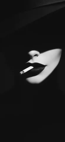 Chiaroscuro Woman in Hat — Midjourney v6 AI Prompt: Black and white, elegant woman smoking with cigarette holder, black wide-brim ha...