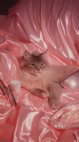 Glamorous Cat in Pastels — Midjourney v6 AI Prompt: A glamorous Persian cat lounging on a pink satin bedspread, wearing a tiny tiara...