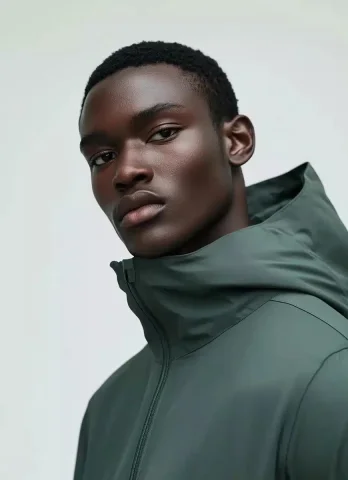 Technical Jacket Photography — Midjourney v6 AI Prompt: A man wearing a green, technical fabric jacket windbreaker with a hood and front...
