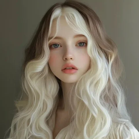 Bicolor-Haired Young Woman — Midjourney v6 AI Prompt: Young woman of 16 years old. Long, wavy bicolor hair : light brown hair with two...