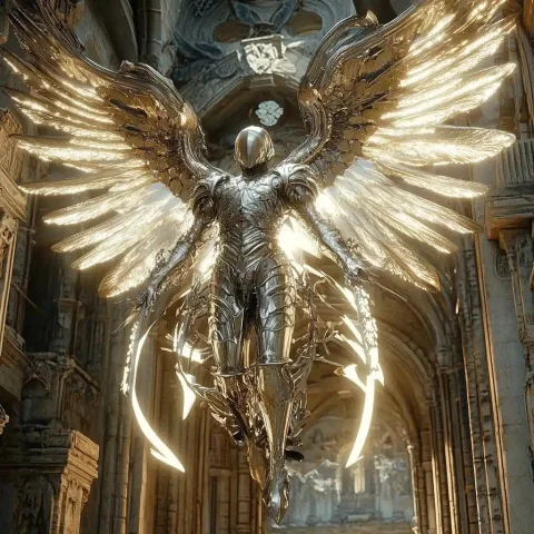 Clockwork Angel in Flight — Midjourney v6 AI Prompt: clockwork angel wearing silver armor, wearing large angel wings made from lighti...
