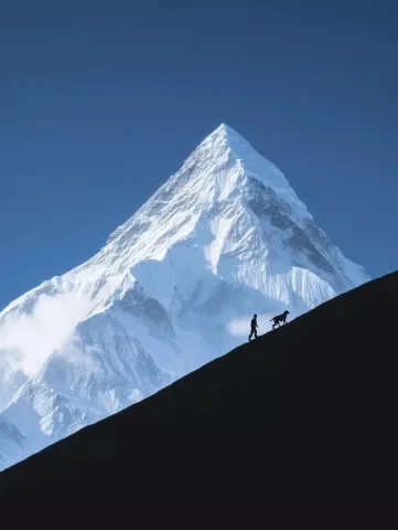 Snowy Mountain with Silhouettes — Midjourney v6 AI Prompt: In the distance, a solitary snowy mountain peaks with a bit of white mist linger...