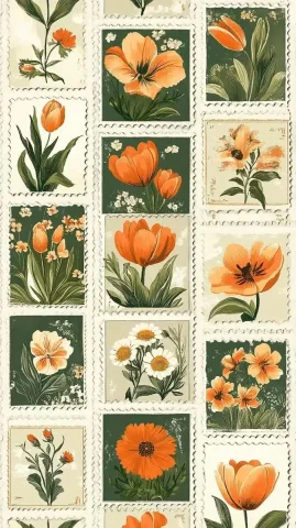 Vintage Botanical Stamp Pattern — Midjourney v6 AI Prompt: seamless pattern of vintage botanical postage stamps, each featuring delicate ha...
