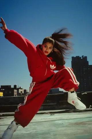 Latina Breakdancer in 80s Style — Midjourney v6 AI Prompt: female breakdancer in red adidas 80's hip-hop outfit doing a flip, latina, 1984...