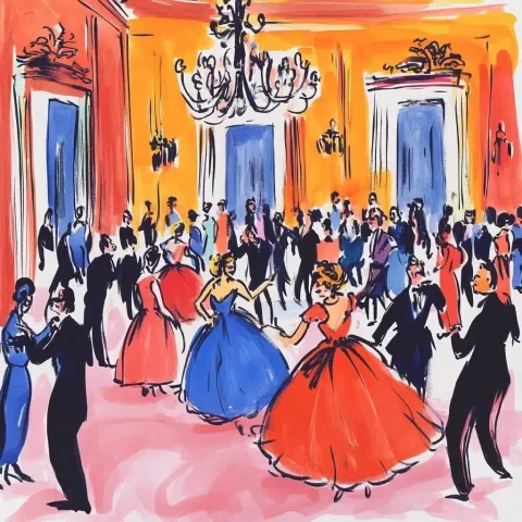 Matisse-Style Waltzing Character — Midjourney v6 AI Prompt: A sketch of a room filled with modern people in latest fashion and there is one...