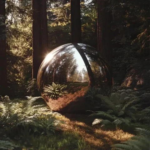 Reflective Sphere in Forest — Midjourney v6 AI Prompt: A large stainless steel sphere sits in the forest, reflecting light and trees. T...