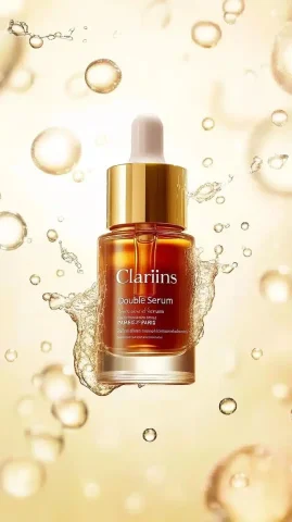 Floating Serum with Bubbles — Midjourney v6 AI Prompt: A bottle of "Clarins Double Serum" is floating in the air, surrounded by drops a...