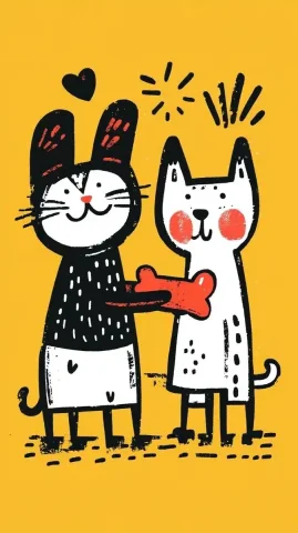 Graffiti Cat and Dog Duel — Midjourney v6 AI Prompt: A cute cat and dog, vying for a bone, whole body, yellow background, Keith Harin...